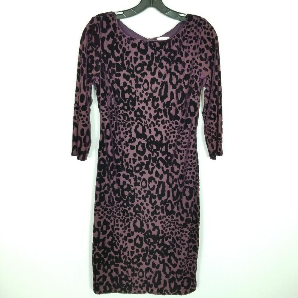 Cache Women's Purple Velvet Leopard Print Pencil Dress Sz 10 Party Event Stretch